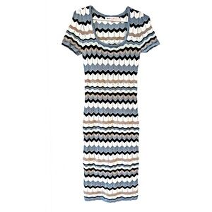 Crave Fame Chevron Knit Short Sleeve Scoop Neck Midi Dress Blue White Brown Sz S